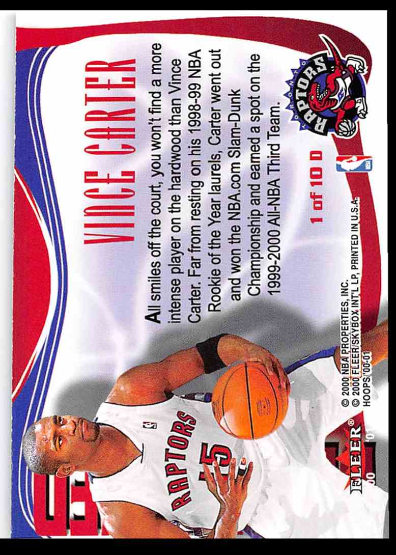 2000-01 Fleer Hoops Prospects Determined Vince Carter #D1 card back image