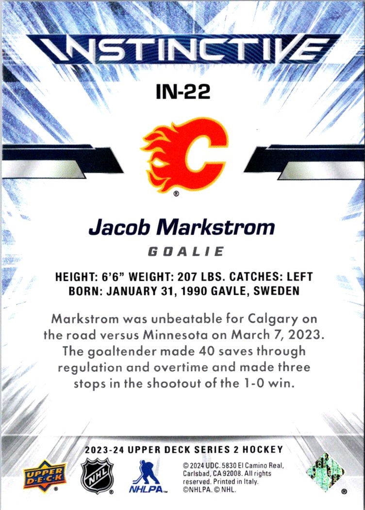 2023-24 Upper Deck Instinctive Jacob Markstrom #IN-22 card back image