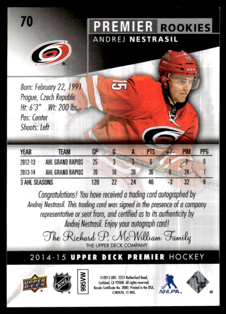 2014-15 UPPER DECK PREMIER AUTO ANDREJ NESTRASIL #70 card back image