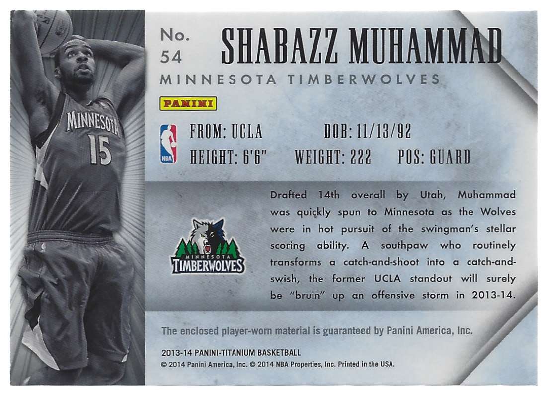 2013-14 Panini Titanium Rookie Jerseys Shabazz Muhammad #54 card back image