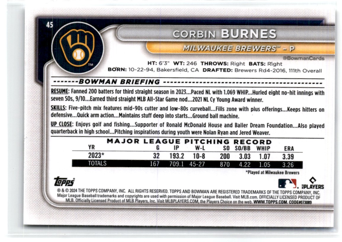 2024 Bowman Corbin Burnes #45 card back image