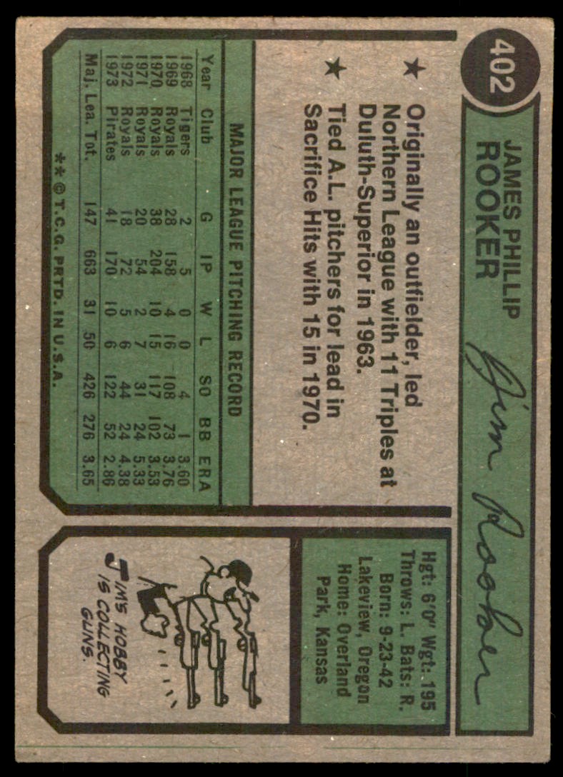 1974 Topps Jim Rooker #402 card back image