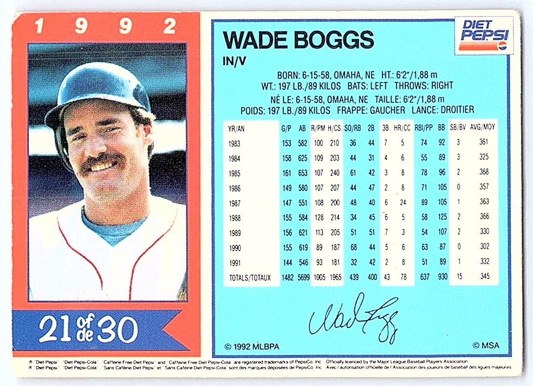 1992 Diet Pepsi Collector Series Wade Boggs #1 card back image