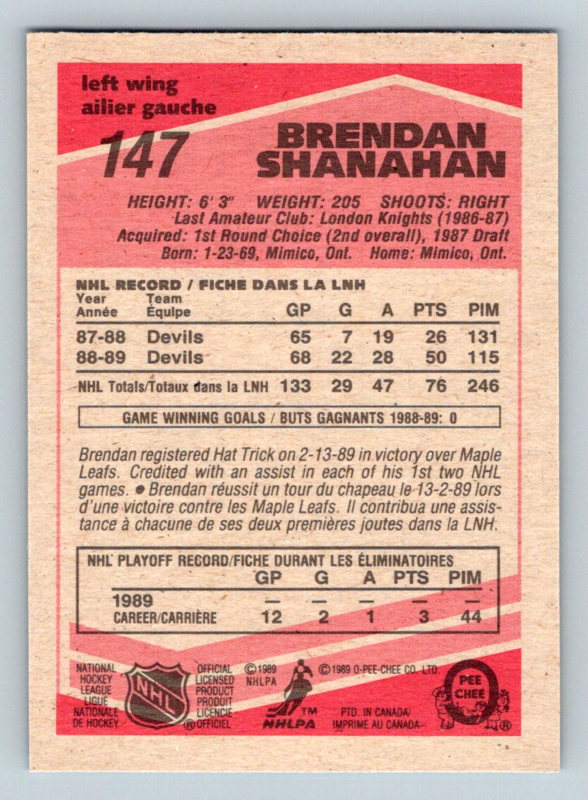 1989-90 O-Pee-Chee Brendan Shanahan #147 card back image