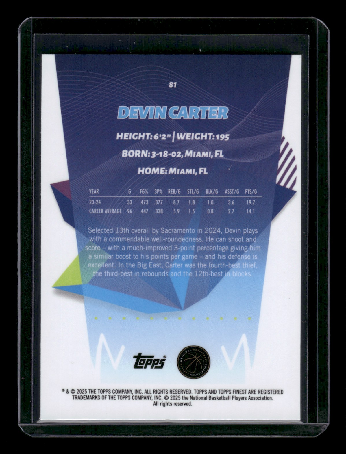 2024-25 Topps Finest DEVIN CARTER #81 card back image
