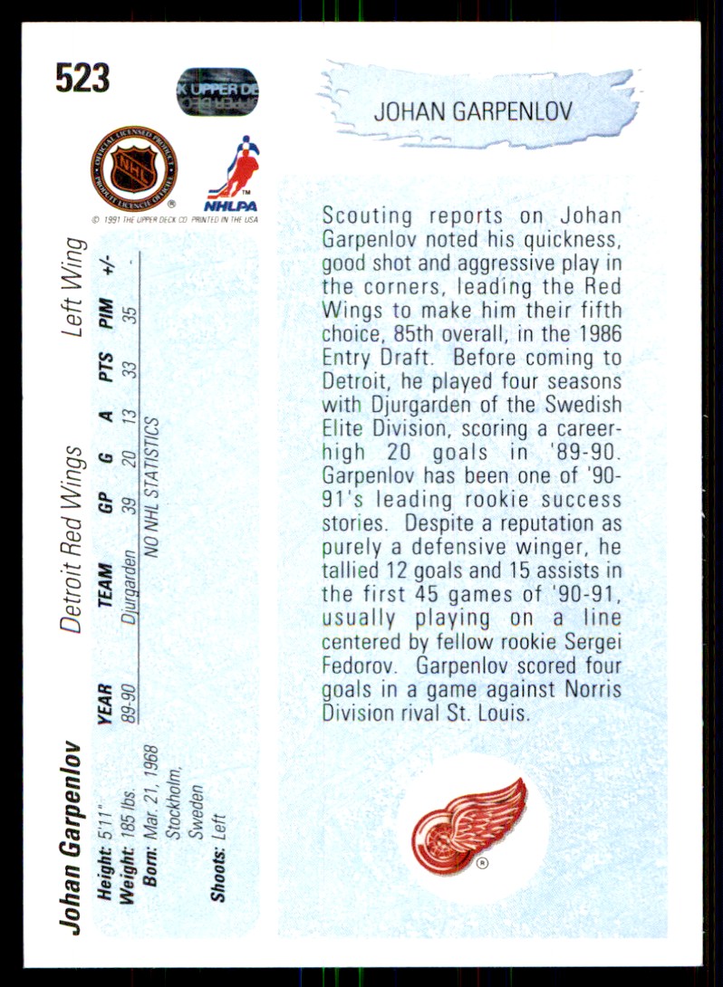 1990-91 Upper Deck Johan Garpenlov #523 card back image