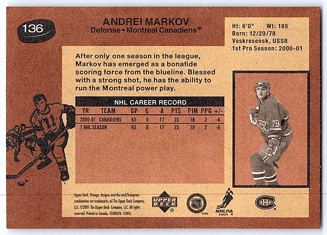 2001-02 Upper Deck Vintage Andrei Markov #136 card back image