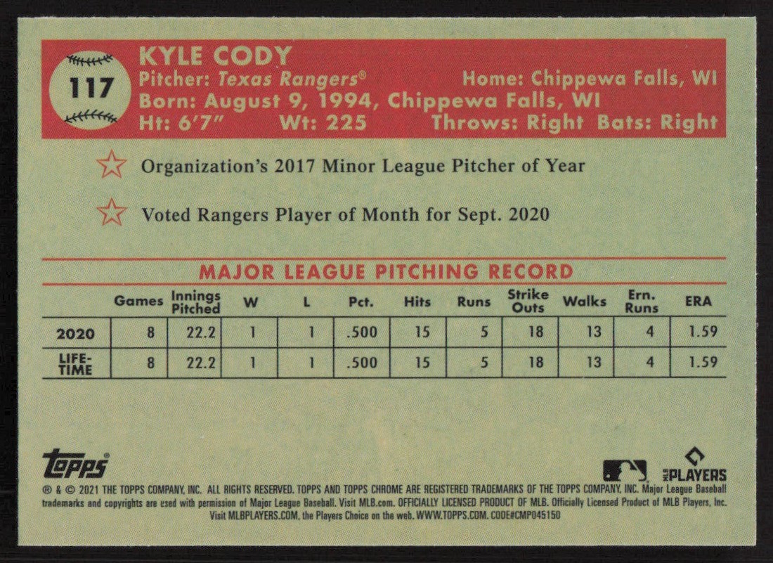 2021 Topps Chrome Platinum Anniversary Kyle Cody #117 card back image