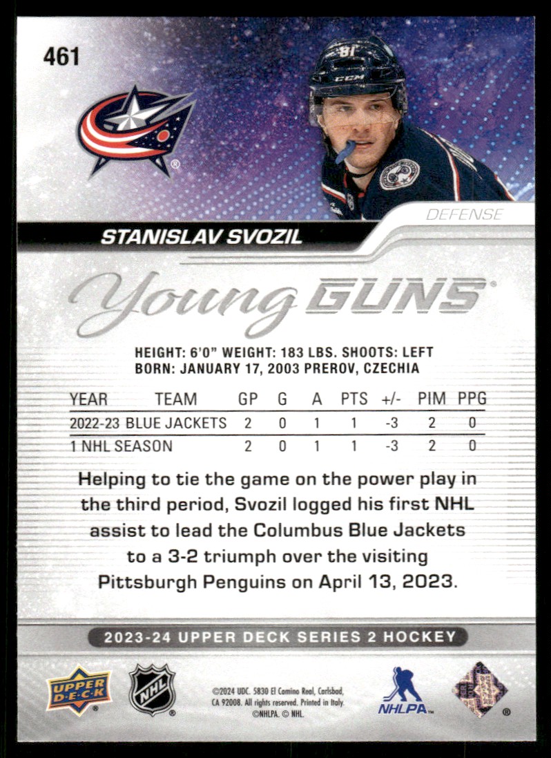 2023-24 Upper Deck YG Stanislav Svozil #461 card back image