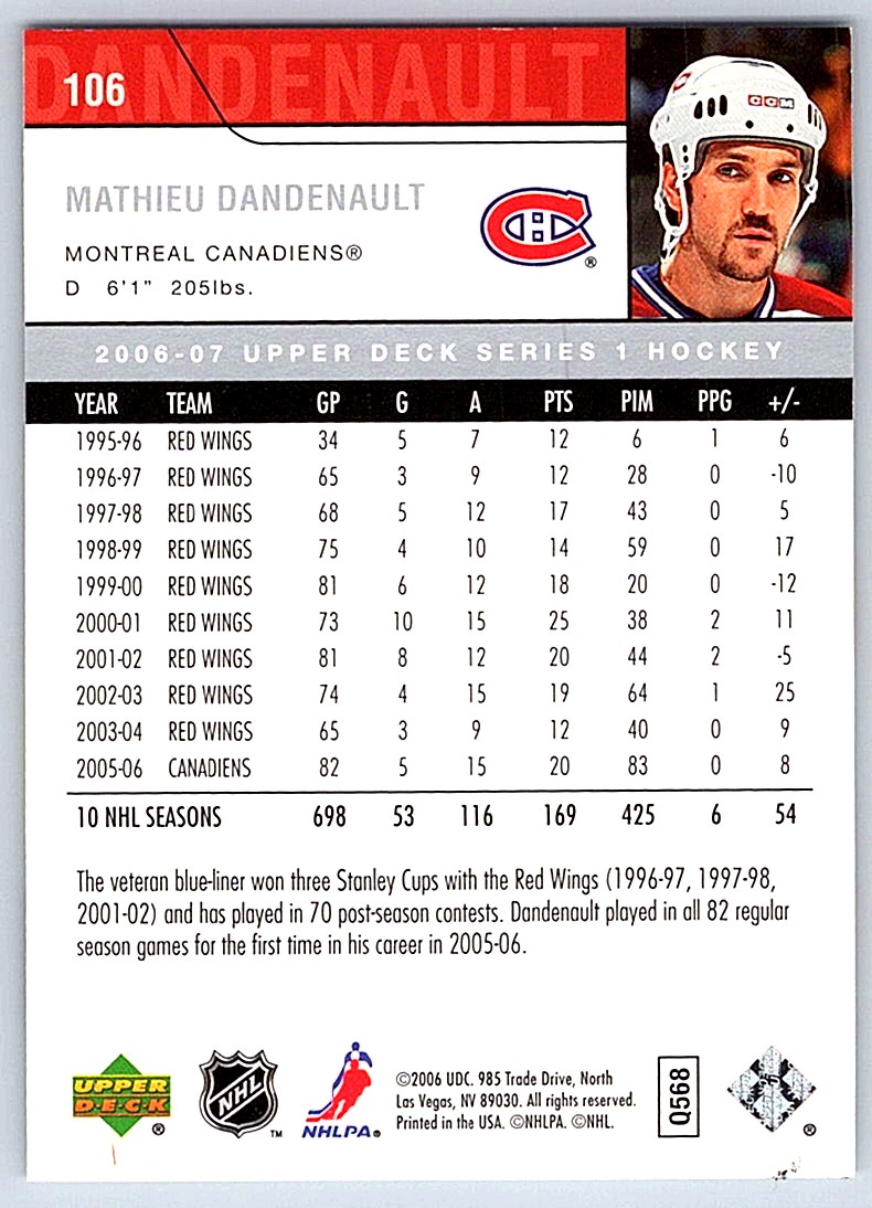 2006-07 Upper Deck Mathieu Dandenault #106 card back image