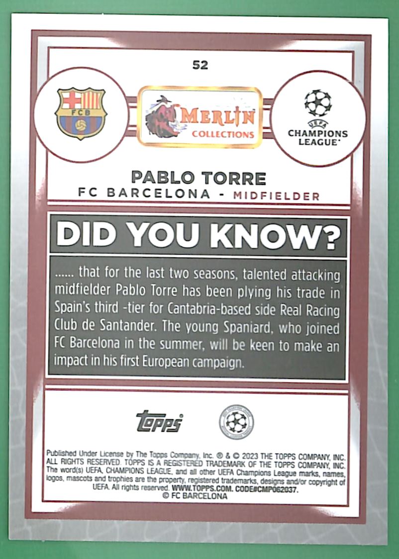 2022 Merlin Chrome UEFA Club Competitions Pablo Torre #52 card back image