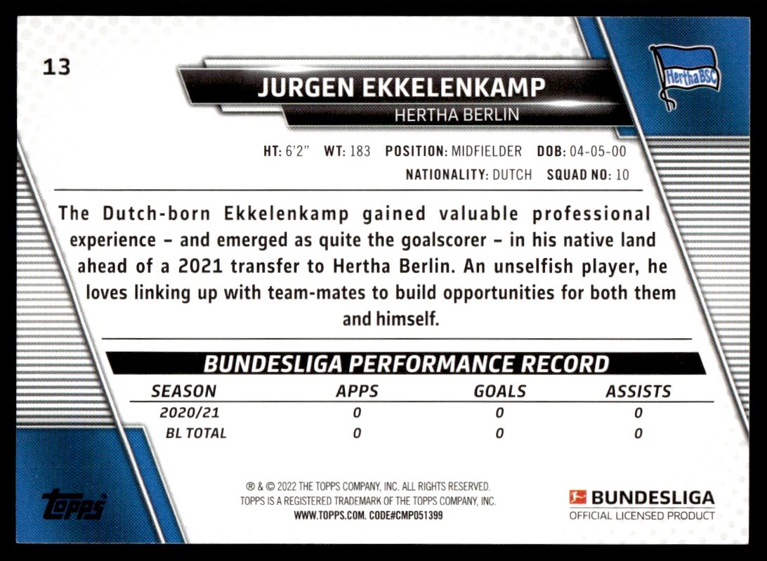 2021 Topps Bundesliga Jurgen Ekkelenkamp #13 card back image