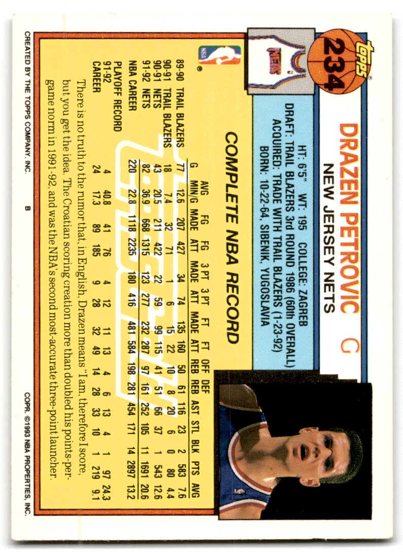 1992-93 Topps Drazen Petrovic #234 card back image