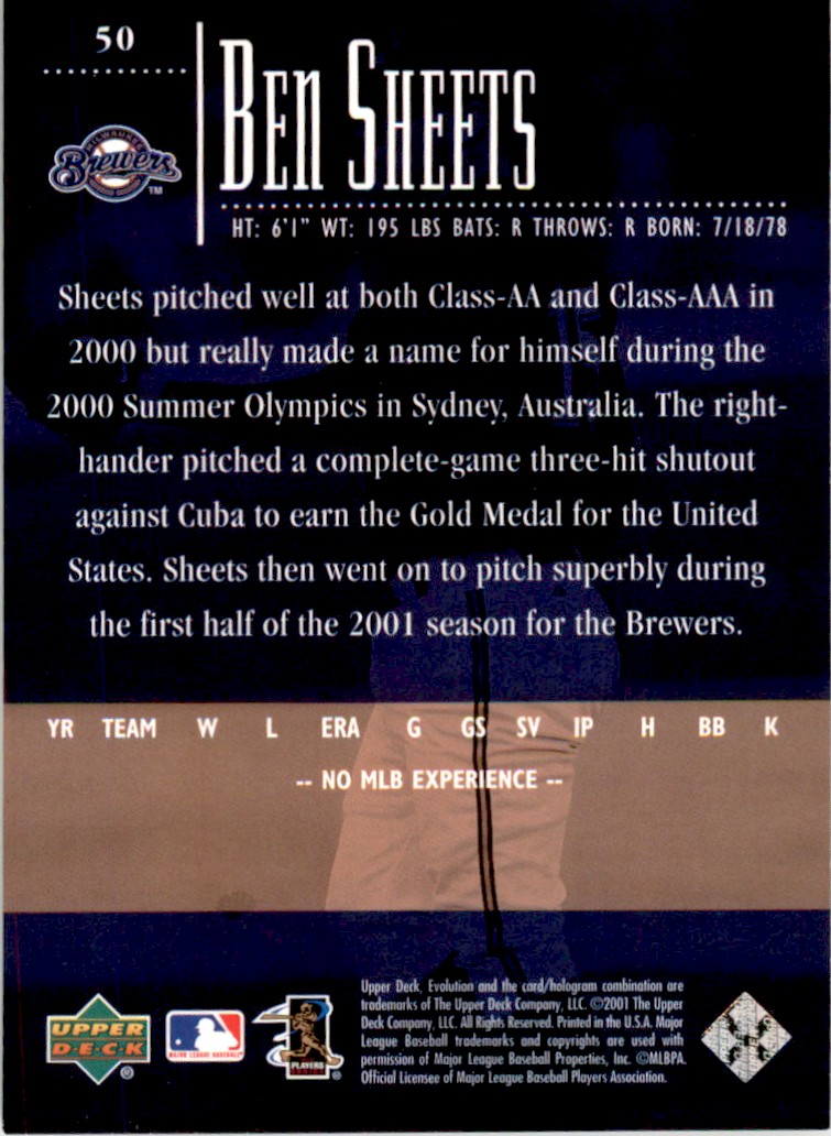 2001 Upper Deck Evolution Ben Sheets #50 card back image