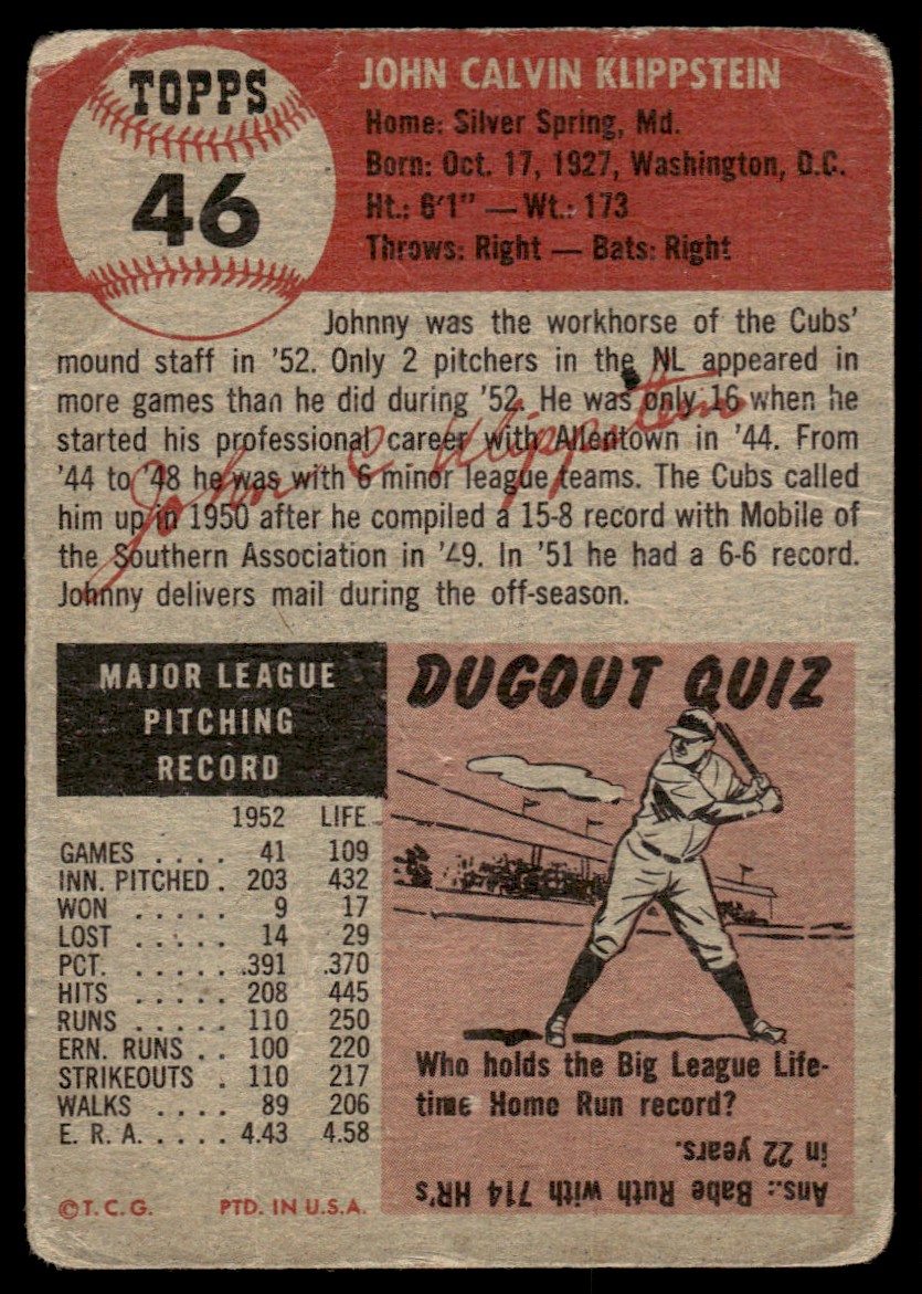 1953 Topps Johnny Klippstein #46 card back image