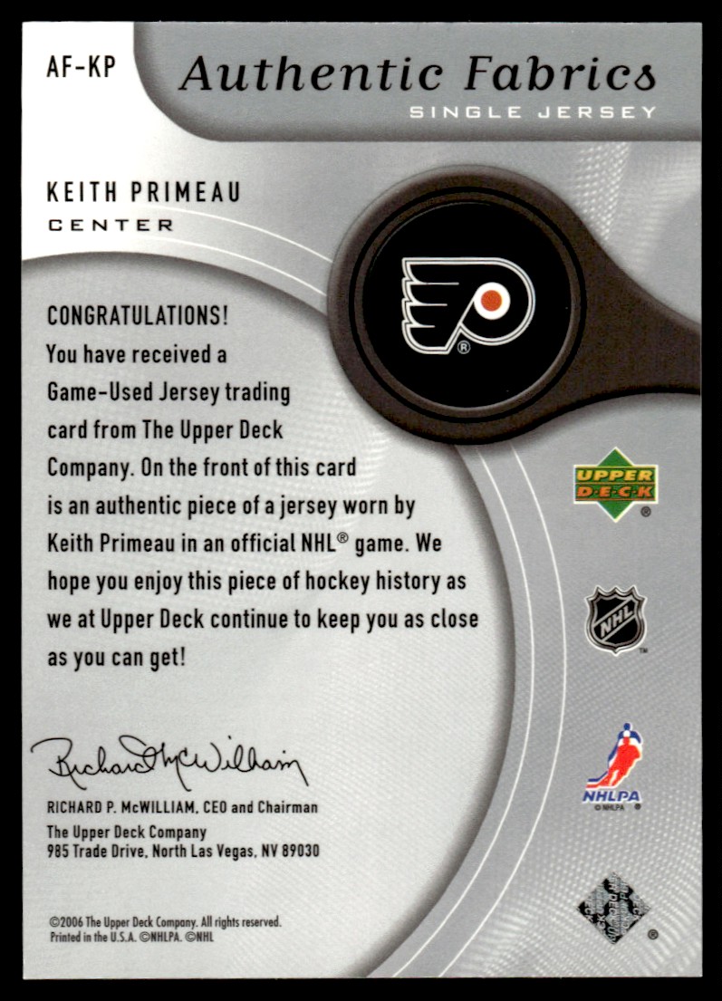 2005-06 SP Game Used Authentic Fabrics Keith Primeau #AF-KP card back image
