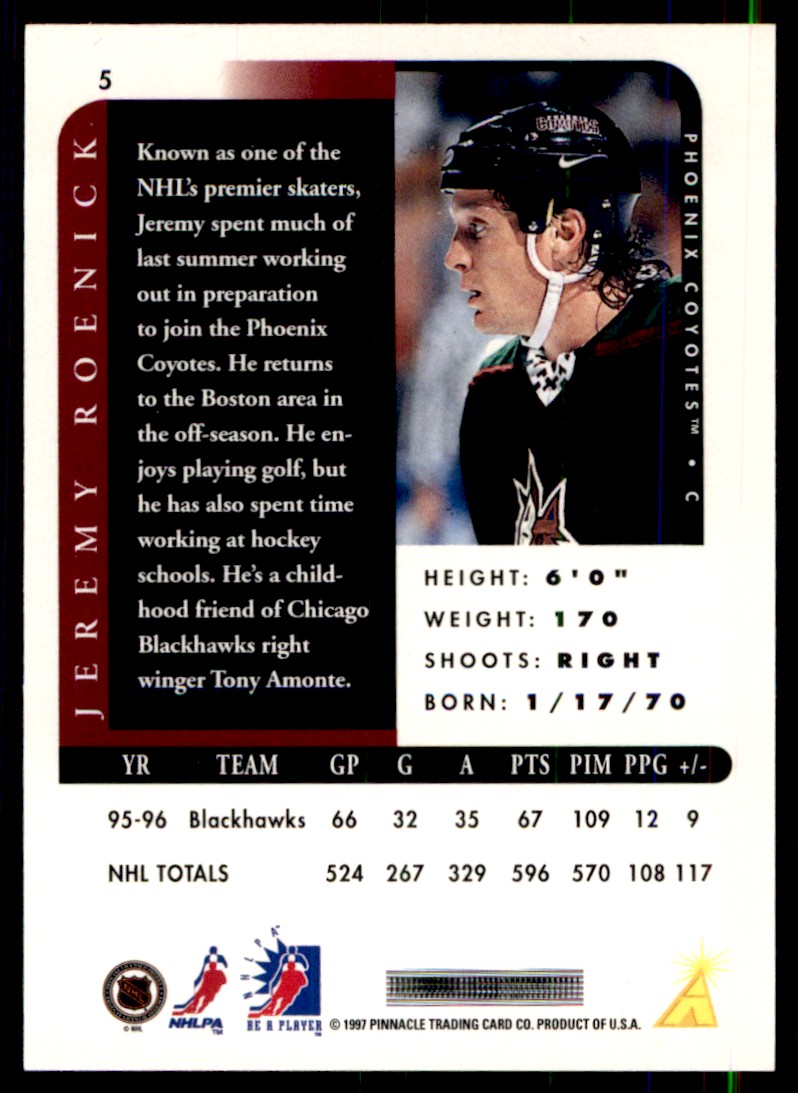 1996-97 Pinnacle Be a Player Autographs Jeremy Roenick #5 card back image