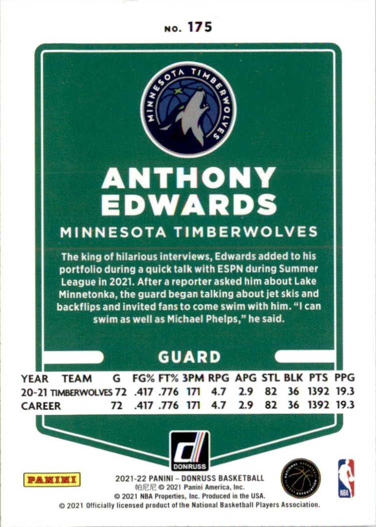 2021-22 Donruss Orange Anthony Edwards #175 card back image