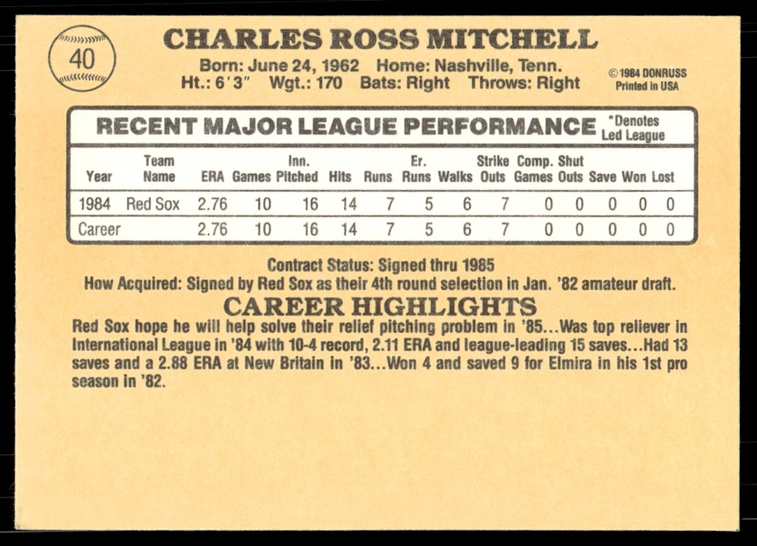 1985 Donruss Baseball Charlie Mitchell Rookie Auto Boston Red Sox