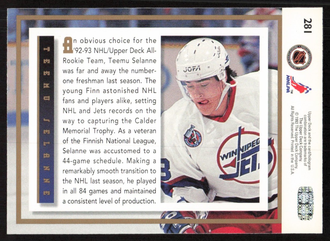 1993-94 Upper Deck Teemu Selanne #281 card back image