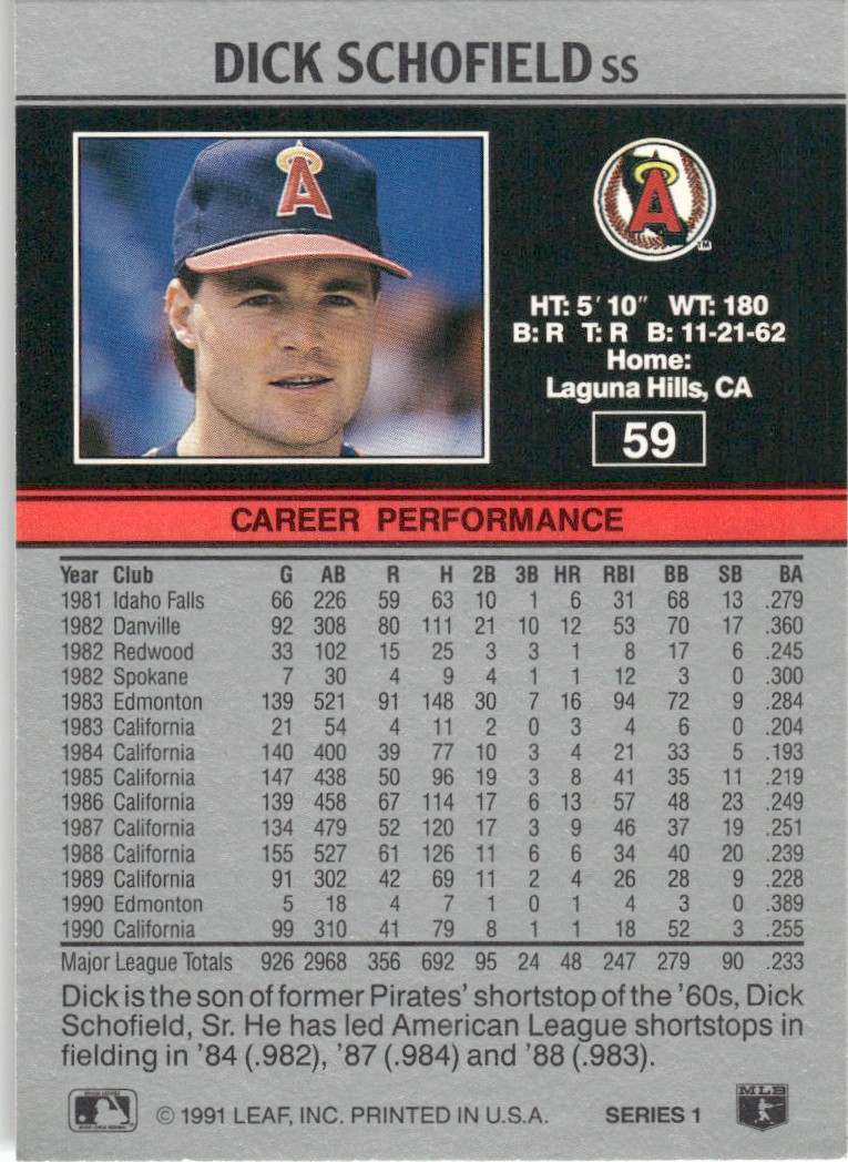 1991 Leaf Major League MLB Baseball Dick Schofield #59 card back image