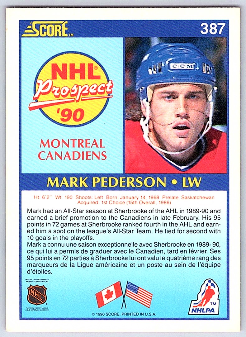1990-91 Score NHL Prospect Mark Pederson #387 card back image