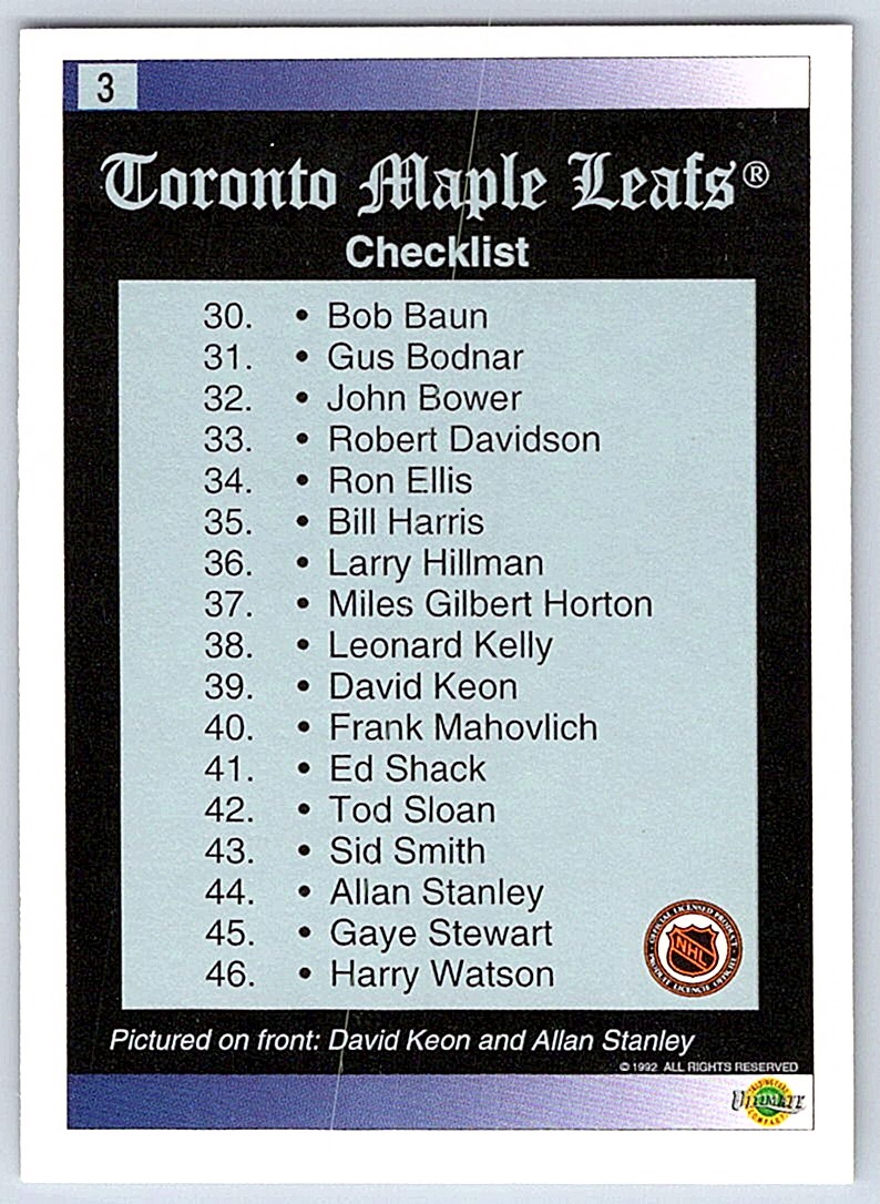 1992-93 Ultimate Original 6 Checklist David Keon/Allan Stanley #3 card back image