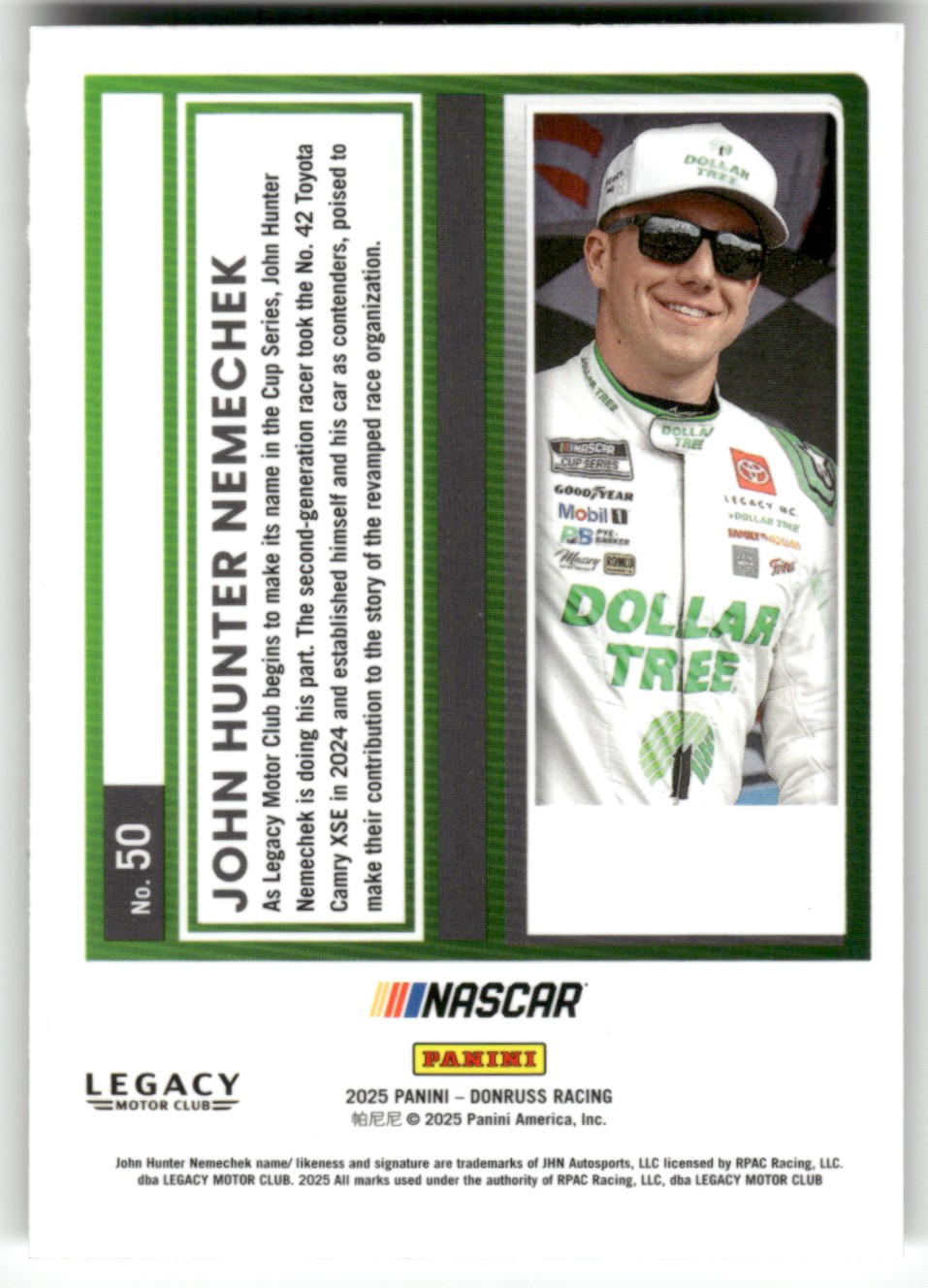 2025 Donruss NASCAR Optic JOHN HUNTER NEMECHEK #50 card back image