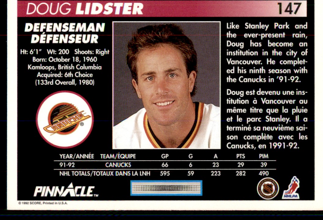1992-93 Pinnacle French Doug Lidster #147 card back image