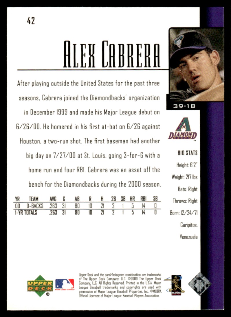 2001 Upper Deck Star Rookie #42 Alex Cabrera Arizona Diamondbacks