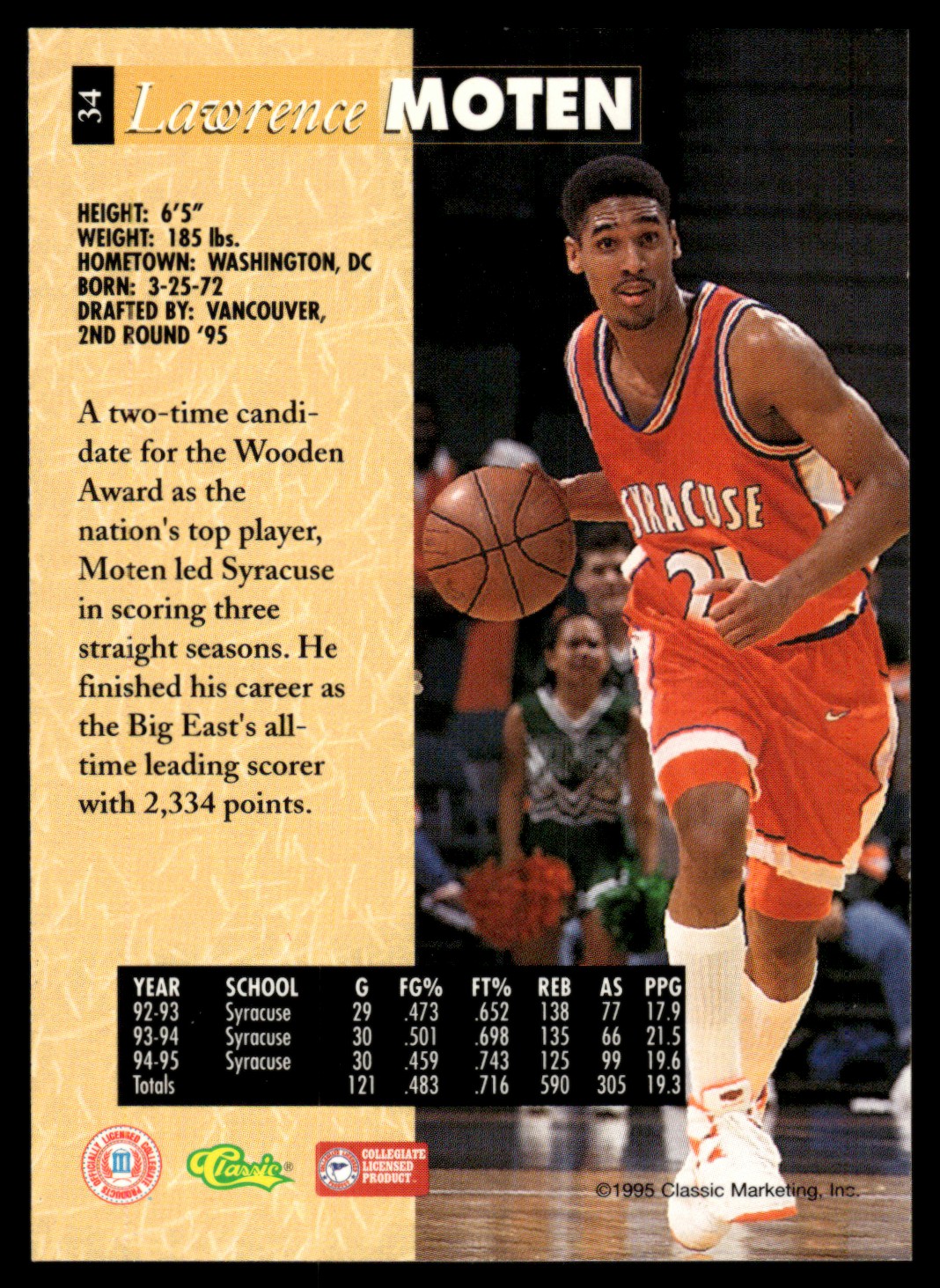 1995-96 Classic 5-Sport Lawrence Moten #34 card back image