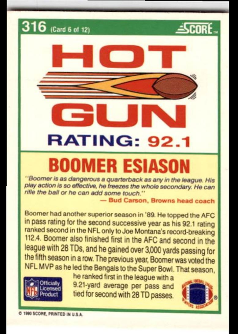 Boomer Esiason - Bengals #40 Score 1990 NFL Football Trading Card