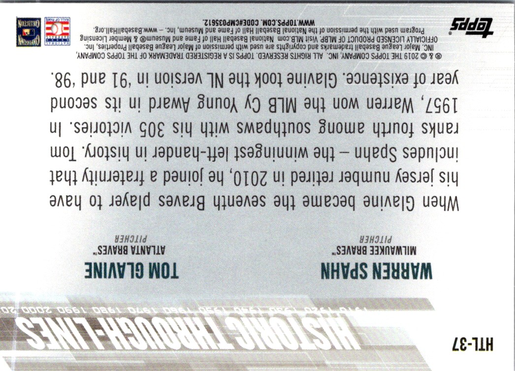 2019 Topps Historic Through-Lines Warren Spahn/Tom Glavine #HTL-37 card back image