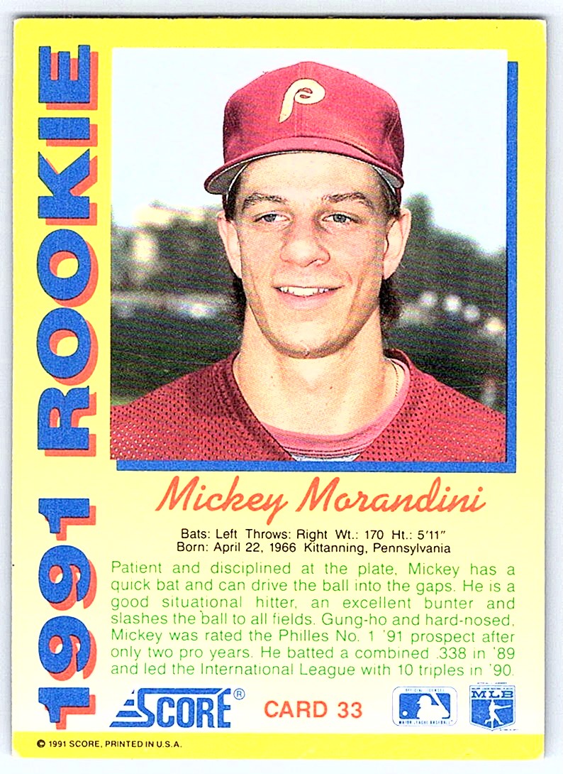 1991 Score Rookie Mickey Morandini #33 card back image