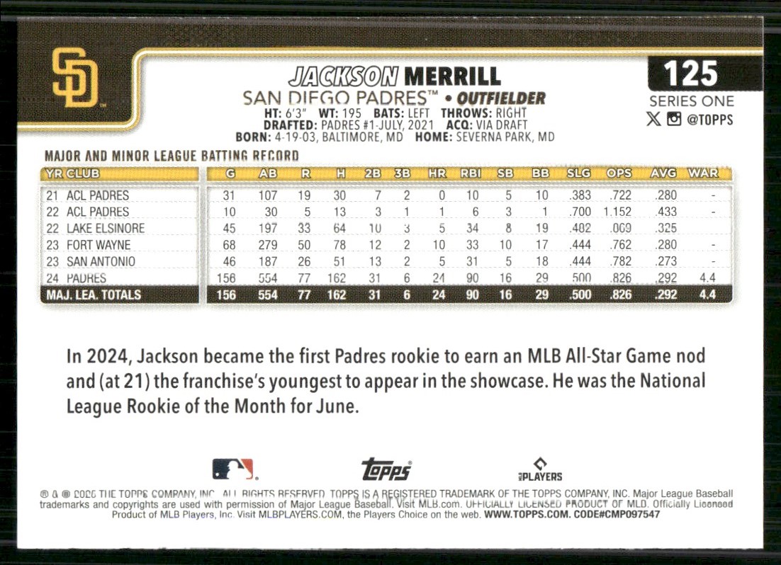 2025 Topps Jackson Merrill #125 card back image