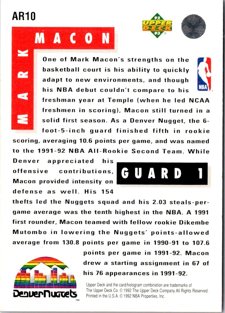 1992-93 Upper Deck All-Rookie Team Mark Macon #AR10 card back image