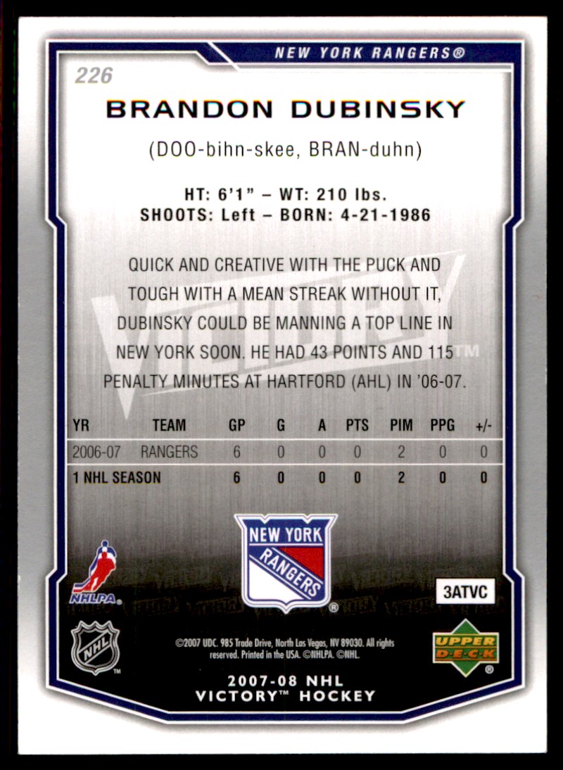 2007-08 Upper Deck Victory Brandon Dubinsky #226 card back image