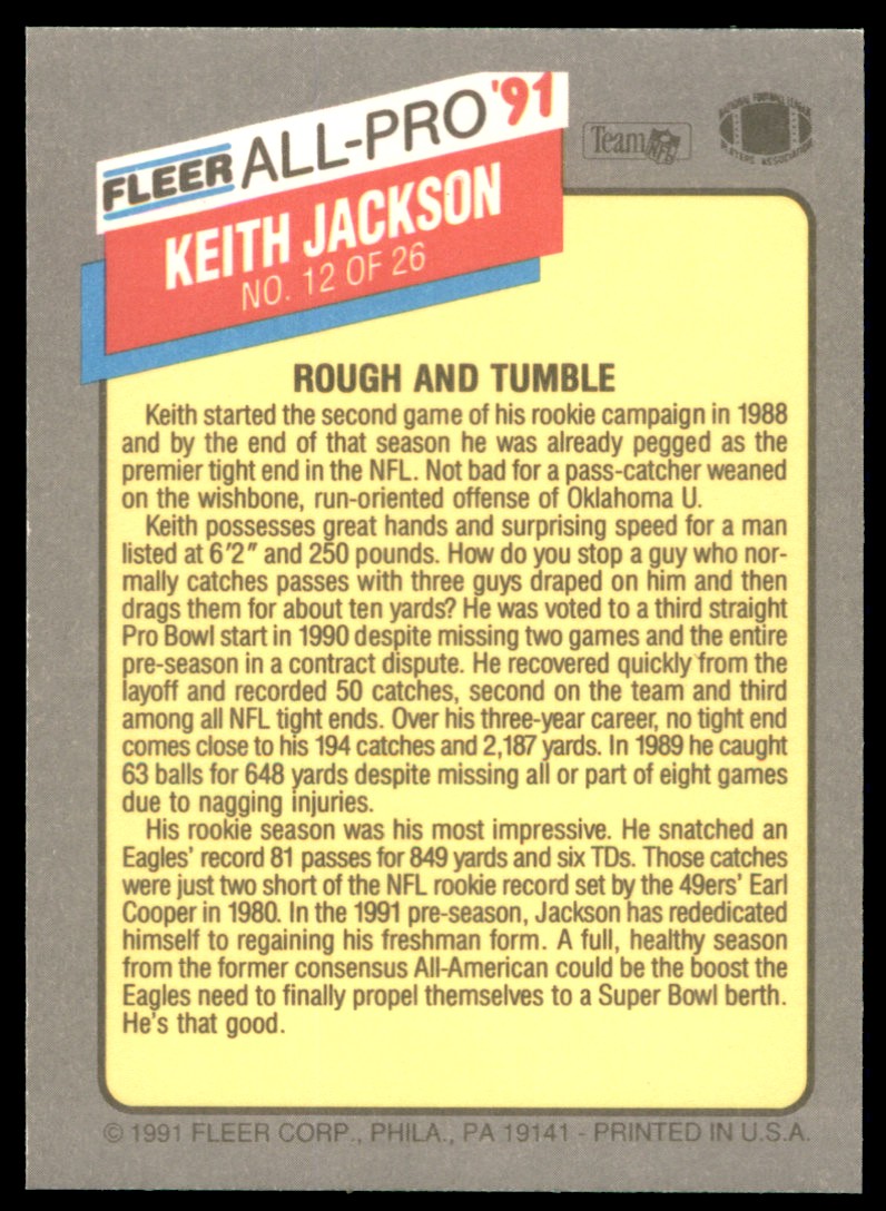 1991 Fleer All-Pro Keith Jackson Philadelphia Eagles #12 - Picture 2 of 2