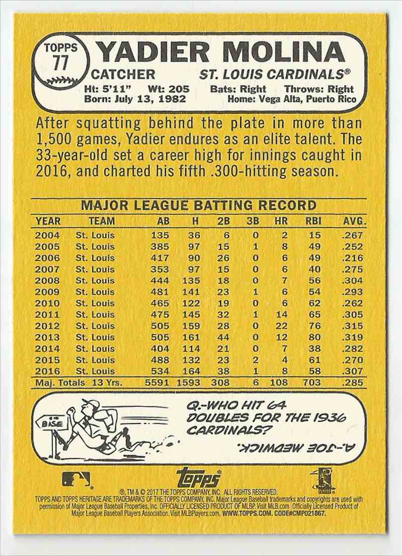 Louis Cardinals Baseball Card 2017 Topps Heritage #77 Yadier Molina St