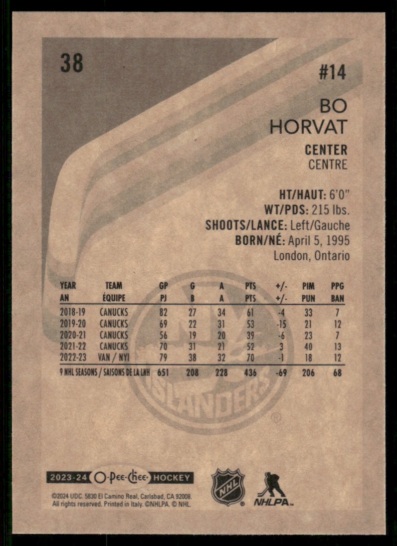 2023-24 O-Pee-Chee Retro Bo Horvat #38 card back image
