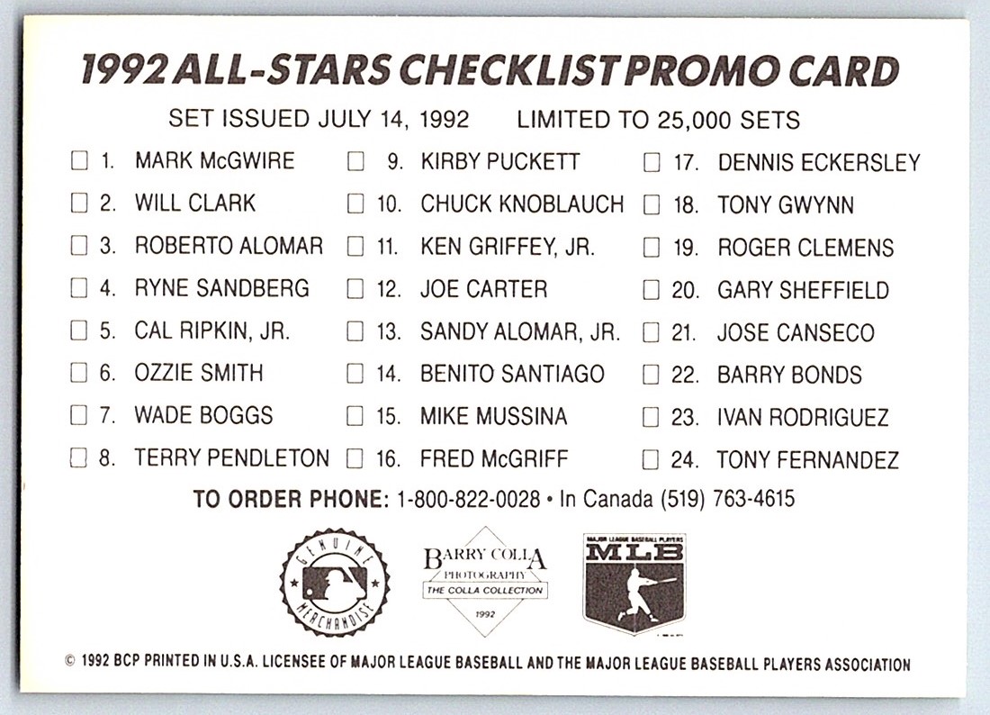 1992 Colla All-Star Game Checklist card back image