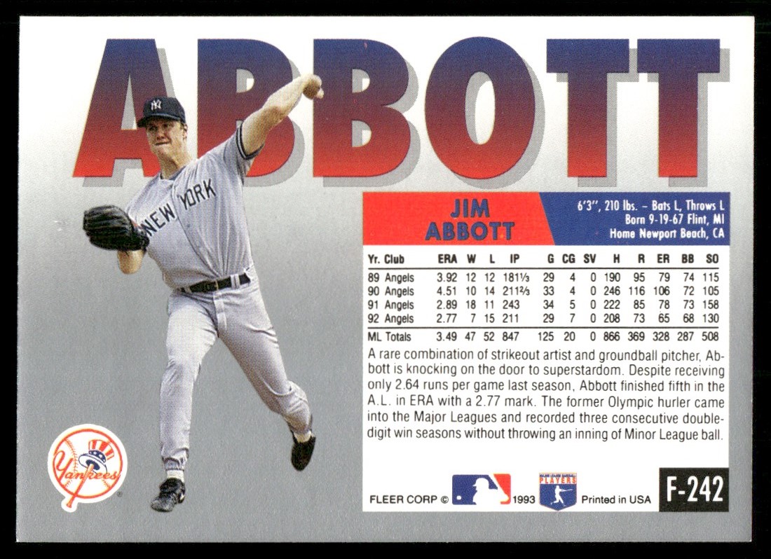 Jim Abbott New York Yankees #F-242 1993 Fleer Final Edition