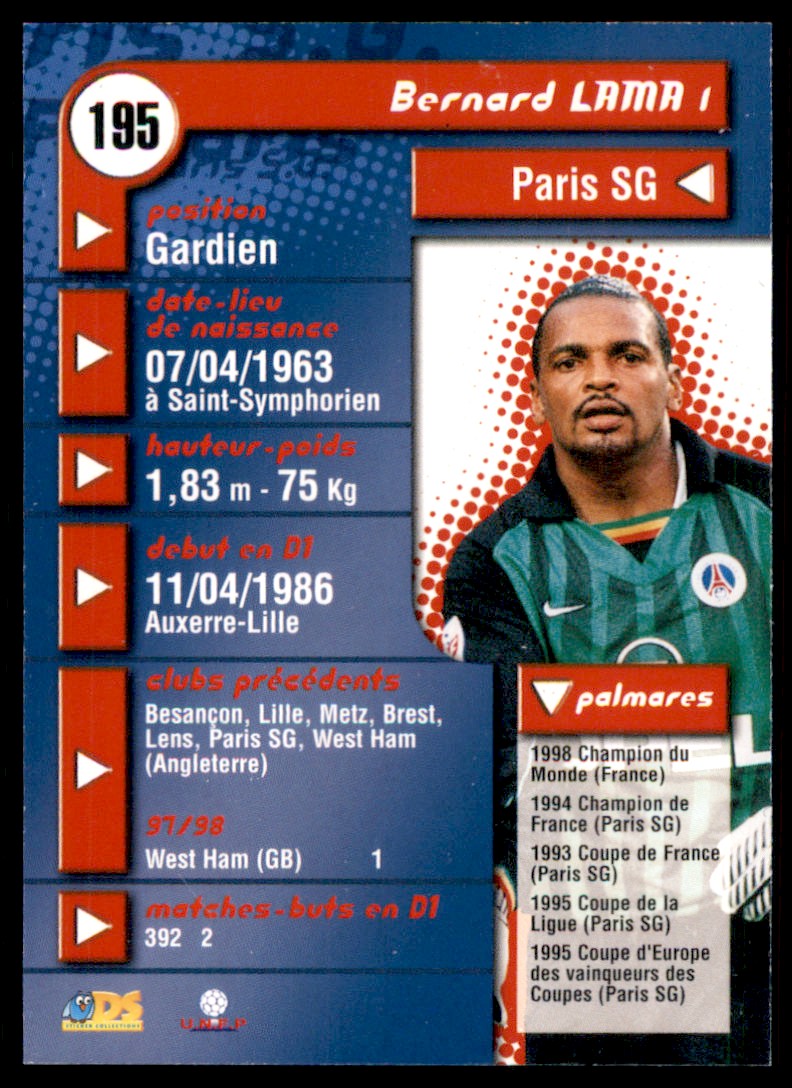 1998 DS France Bernard Lama #195 card back image
