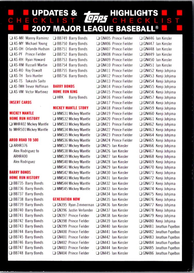 2007 Topps Updates & Highlights Checklists Red Checklist Checklist 3 #3