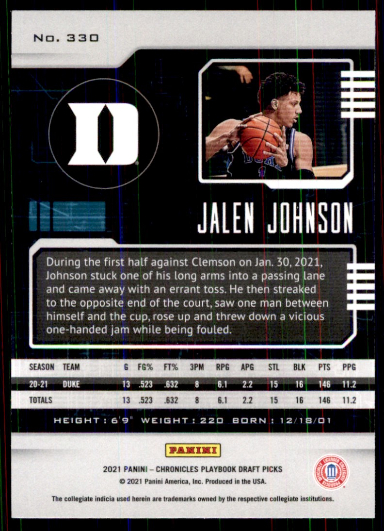 2021-22 Panini Chronicles Draft Picks Jalen Johnson/Playbook #330 card back image