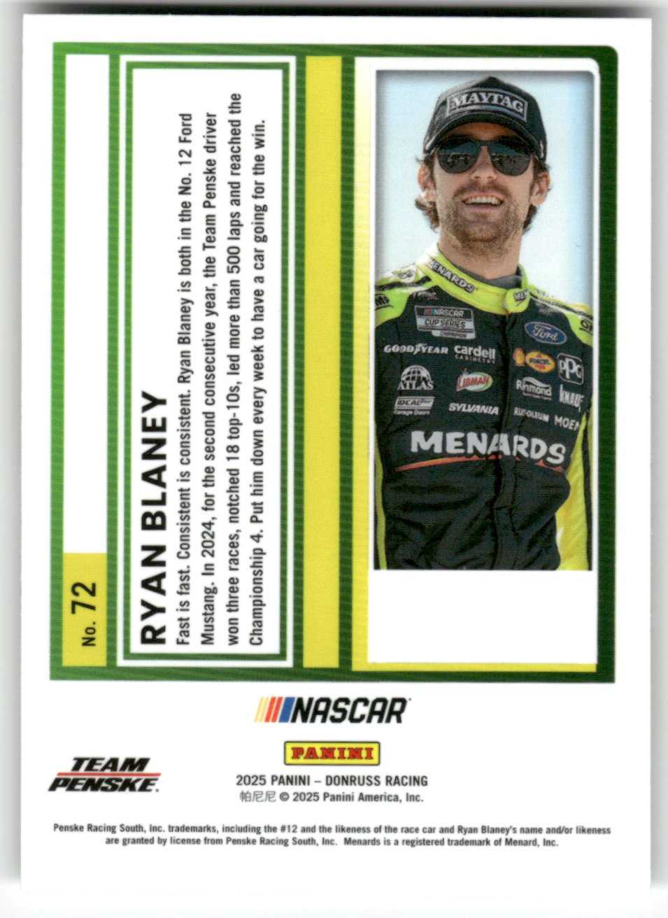 2025 Donruss NASCAR Optic RYAN BLANEY #72 card back image