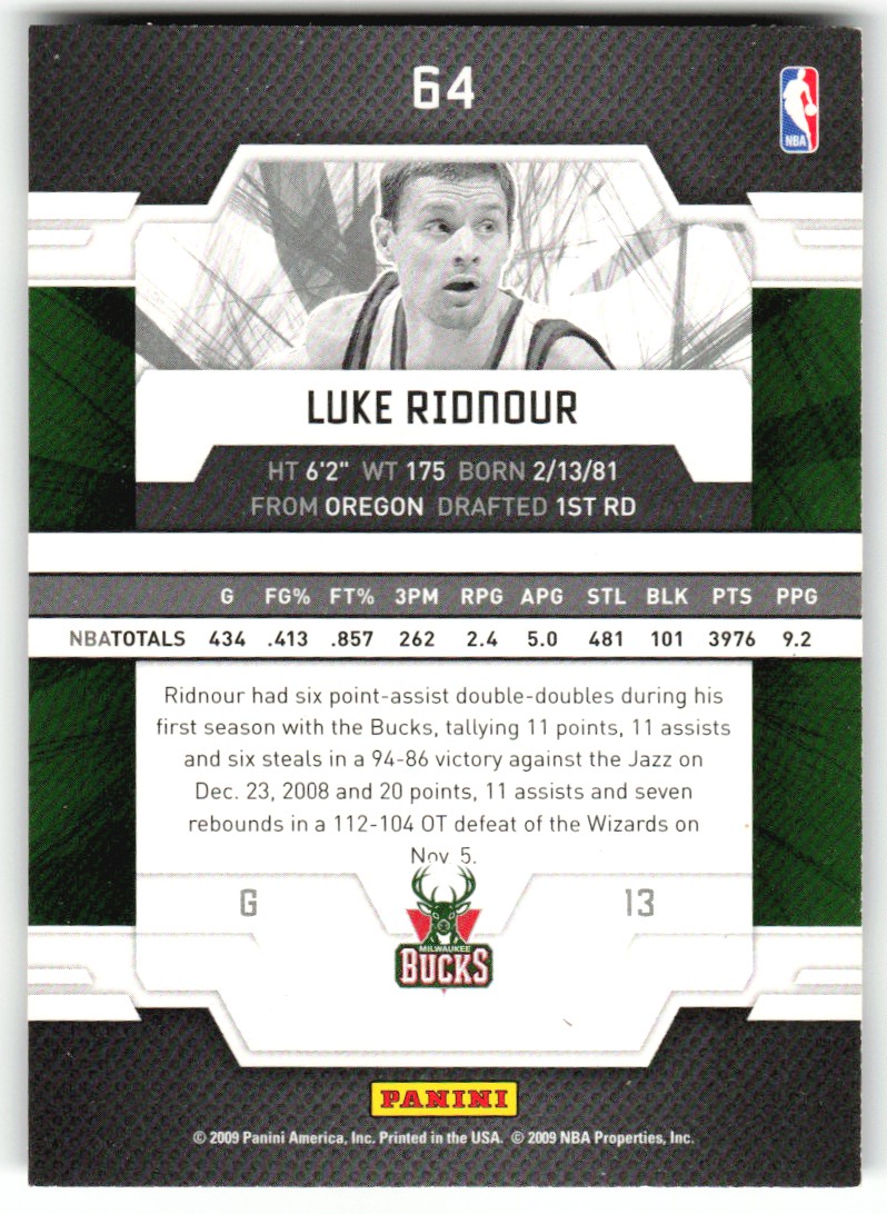 2009-10 Donruss Elite Luke Ridnour #64 card back image