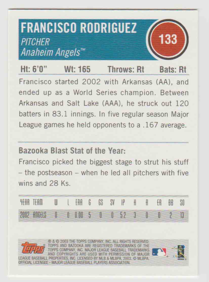 2003 Topps Bazooka Francisco Rodriguez Color Insert 133 On