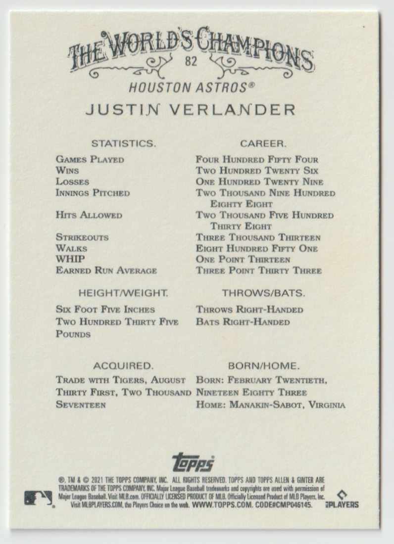 2021 Topps Allen & Ginter Justin Verlander #82 card back image