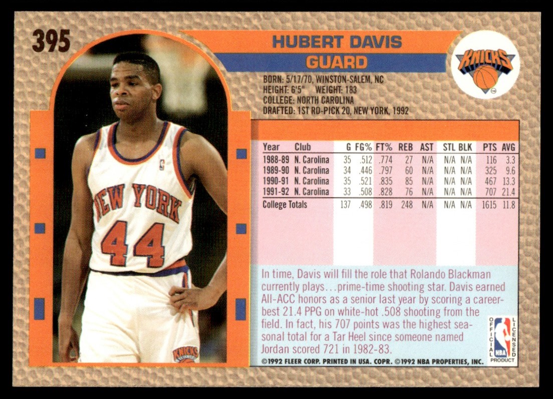 1992-93 Fleer Hubert Davis #395 card back image
